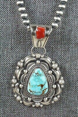 Turquoise, Coral Pendant & Sterling Silver Necklace - Tom Lewis