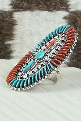Turquoise, Coral and Sterling Silver Ring - Edmund Cooeyate - Size 7.5