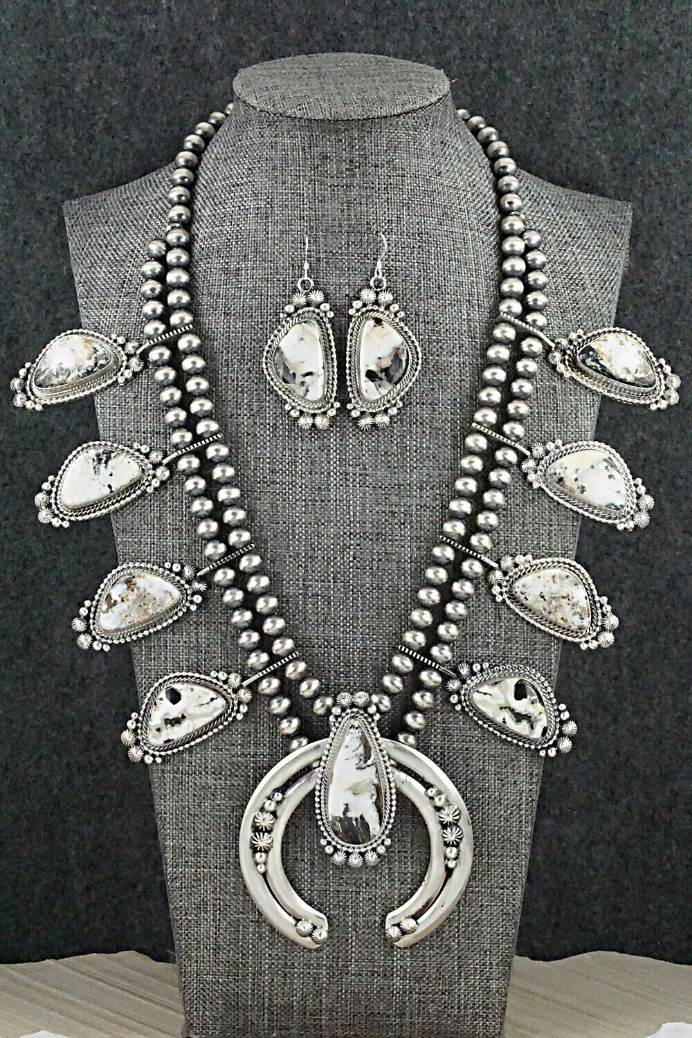 White Buffalo & Sterling Silver Squash Blossom Set - Tom Lewis