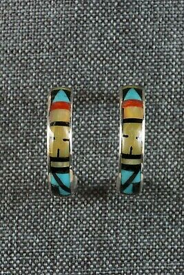Zuni Multi Stone Inlay & Sterling Silver Hoop Earrings - Delberta Boone - High Lonesome Trading
