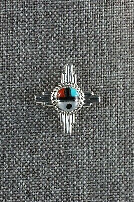 Zuni Turquoise, Coral and Sterling Silver Sun Face Tie Tack - Elvira Kiyite - High Lonesome Trading