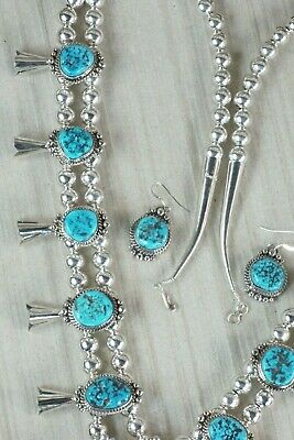 Turquoise & Sterling Silver Squash Blossom & Earrings - Vernon Johnson