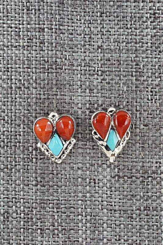 Turquoise, Coral & Sterling Silver Earrings - Vincent Hooee