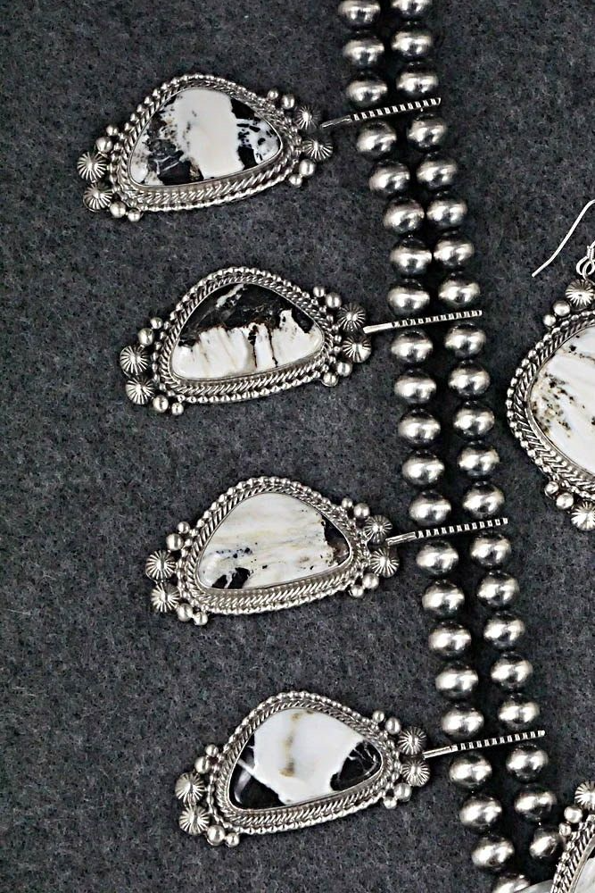 White Buffalo & Sterling Silver Squash Blossom Set - Tom Lewis
