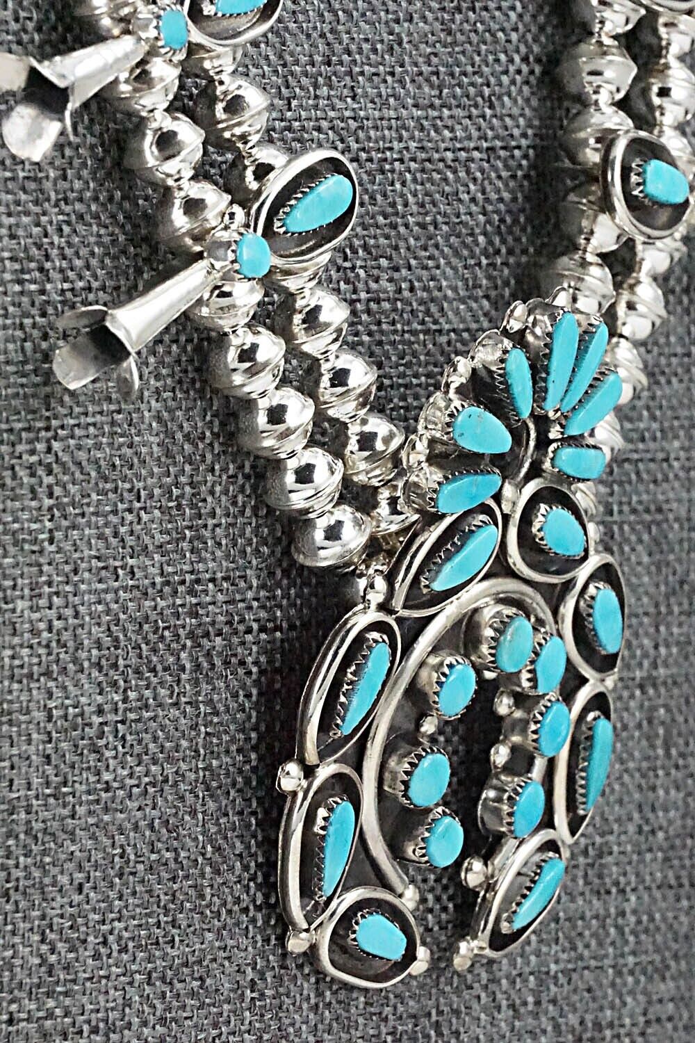Turquoise & Sterling Silver Squash Blossom and Earrings - Vie Bobelu