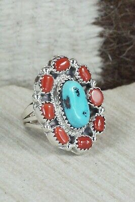Turquoise & Coral Sterling Silver Ring - Roberta Begay - Size 6.5