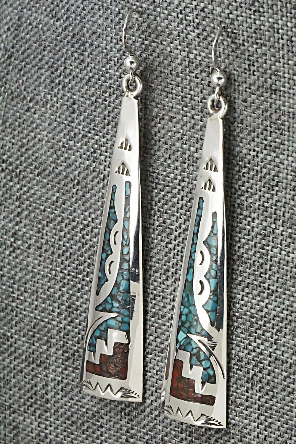 Turquoise, Coral & Sterling Silver Earrings - Jolene Yazzie