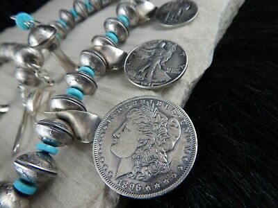 Navajo Sterling Silver & Turquoise Squash Blossom & Earrings - James McCabe - High Lonesome Trading