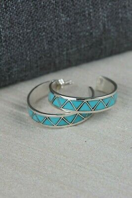 Zuni Turquoise & Sterling Silver Hoop Earrings - Tina Haloo - High Lonesome Trading