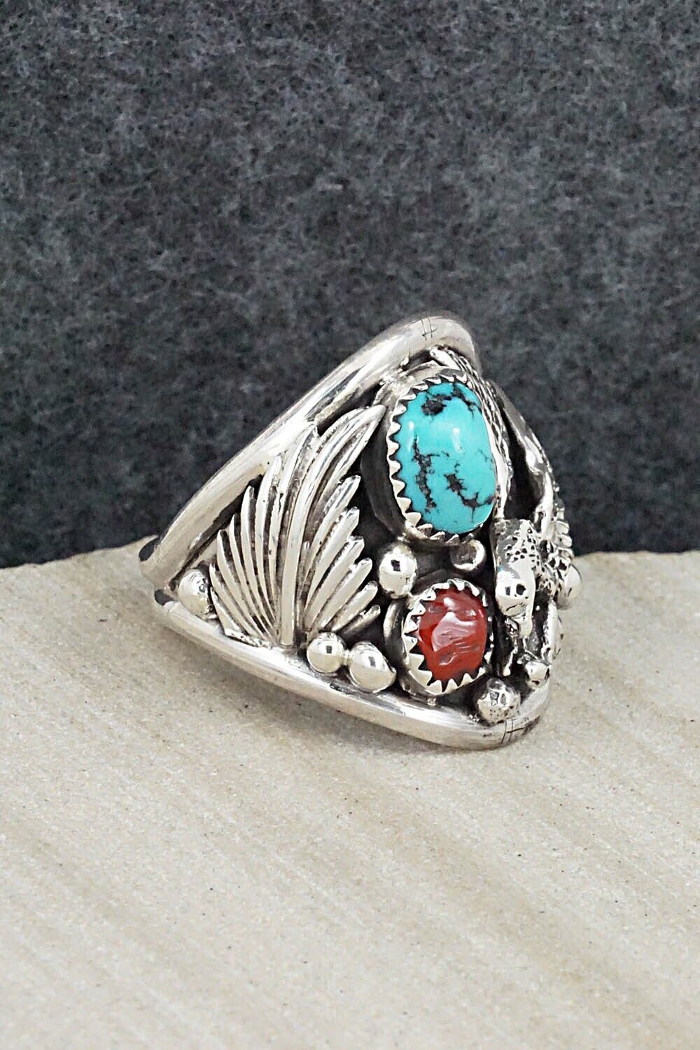 Turquoise, Coral & Sterling Silver Ring - Jeannette Saunders - Size 12