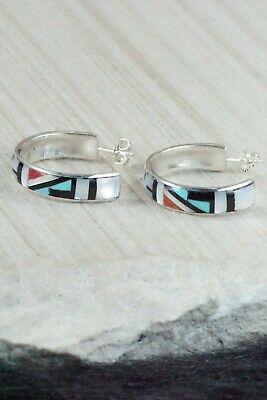 Multi Stone Inlay & Sterling Silver Hoop Earrings - Delberta Boone - High Lonesome Trading