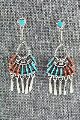 Turquoise, Coral & Sterling Silver Earrings - Edmund Cooeyate