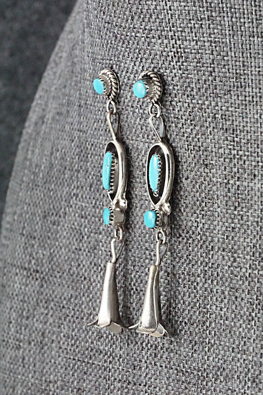 Turquoise & Sterling Silver Squash Blossom and Earrings - Vie Bobelu