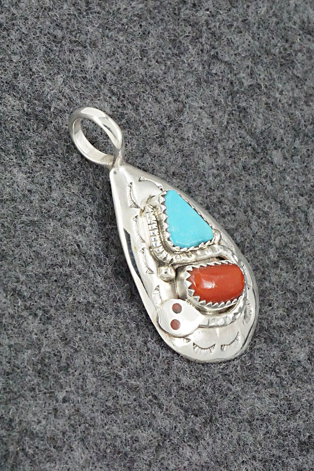 Turquoise, Coral and Sterling Silver Pendant - Joy Calavaza