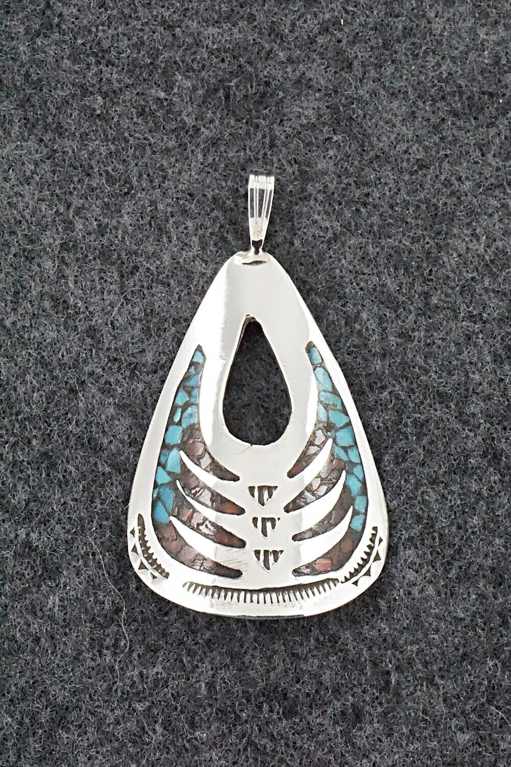 Turquoise, Coral and Sterling Silver Pendant - Jolene Yazzie