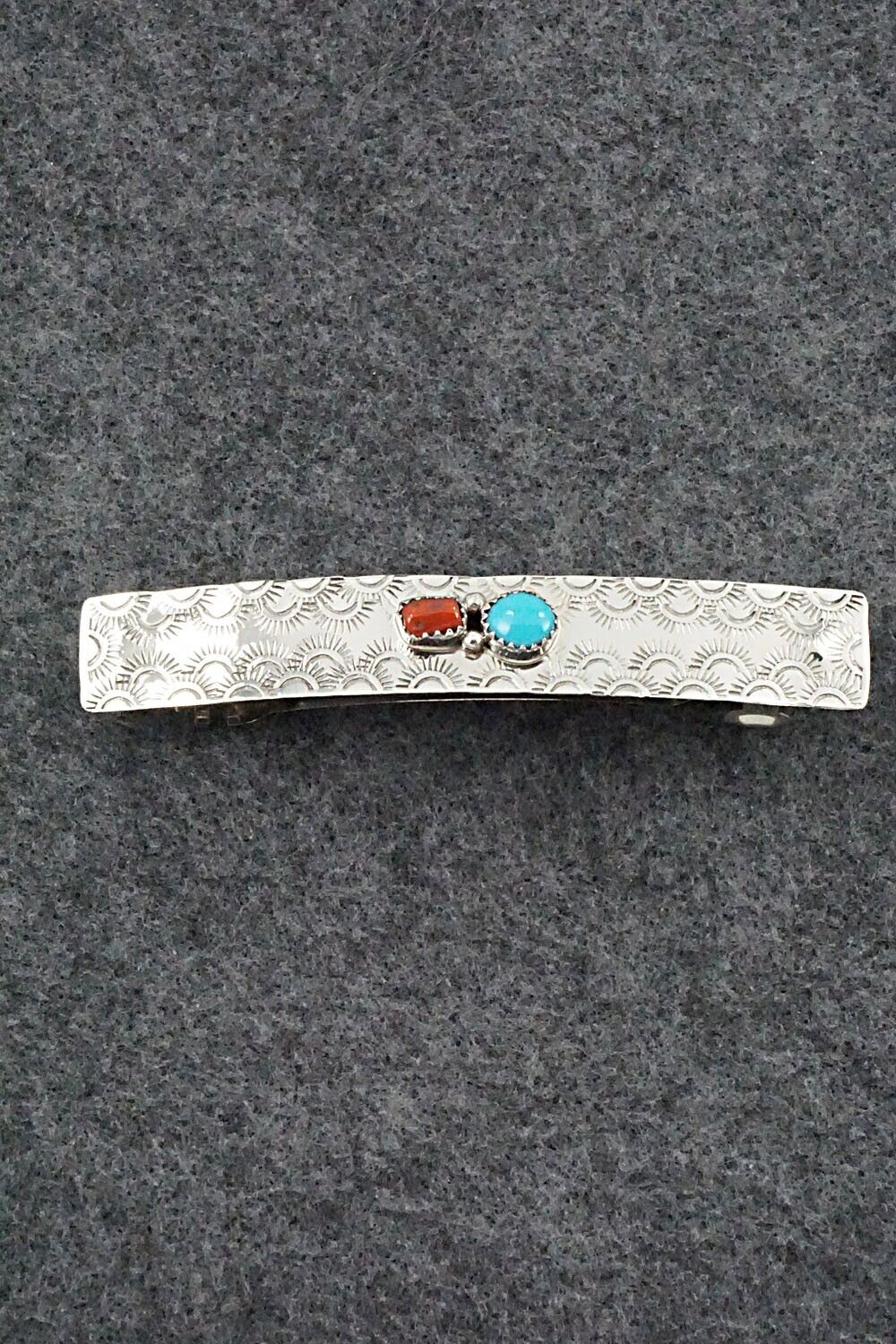 Turquoise, Coral & Sterling Silver Hair Barrette - Sally Arviso