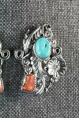 Turquoise, Coral & Sterling Silver Earrings - Harry B Yazzie