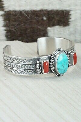 Turquoise, Coral & Sterling Silver Bracelet - Michael Calladitto