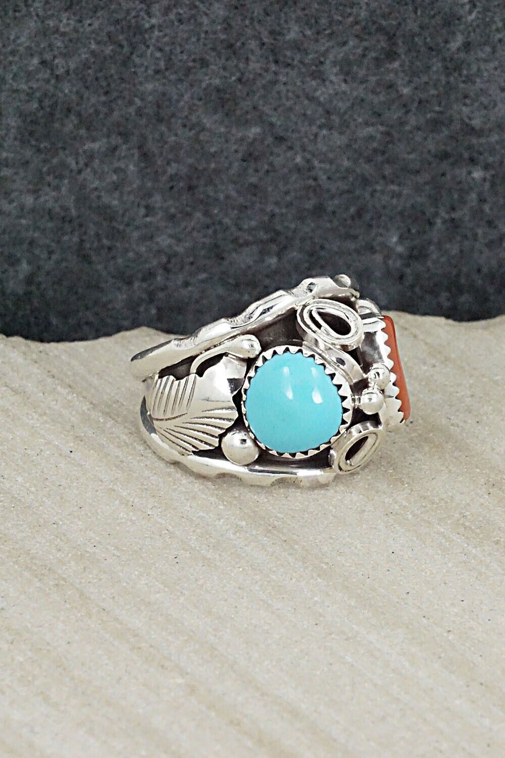 Turquoise, Coral & Sterling Silver Ring - Max Calladitto - Size 9.5