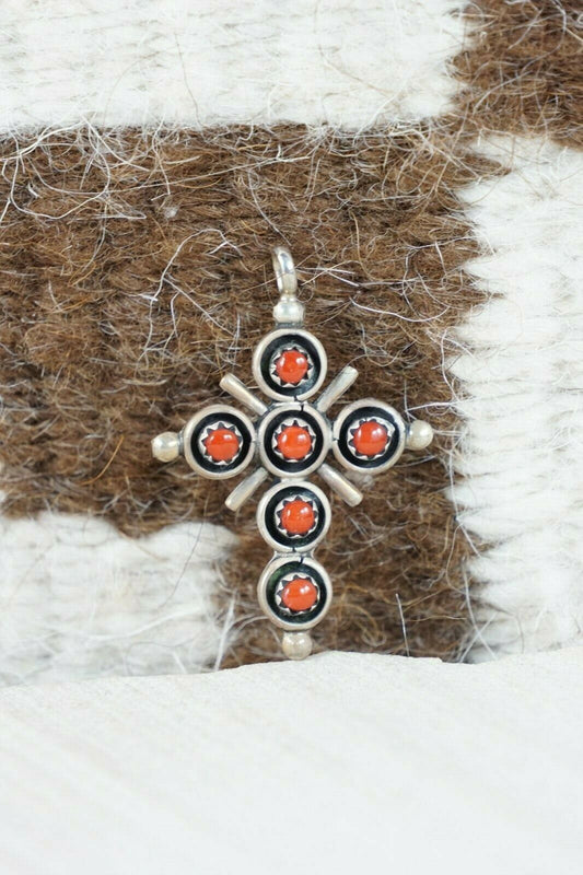 Zuni Coral & Sterling Silver Cross Pendant - Michael Boone - High Lonesome Trading