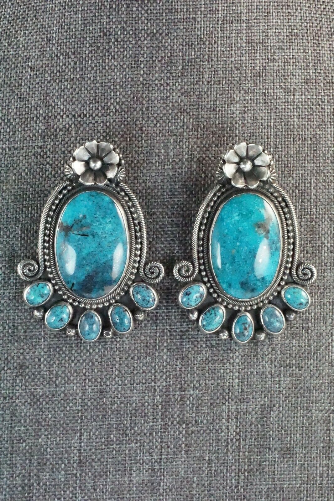 Turquoise & Sterling Silver Squash Blossom & Earrings - Myron Etsitty