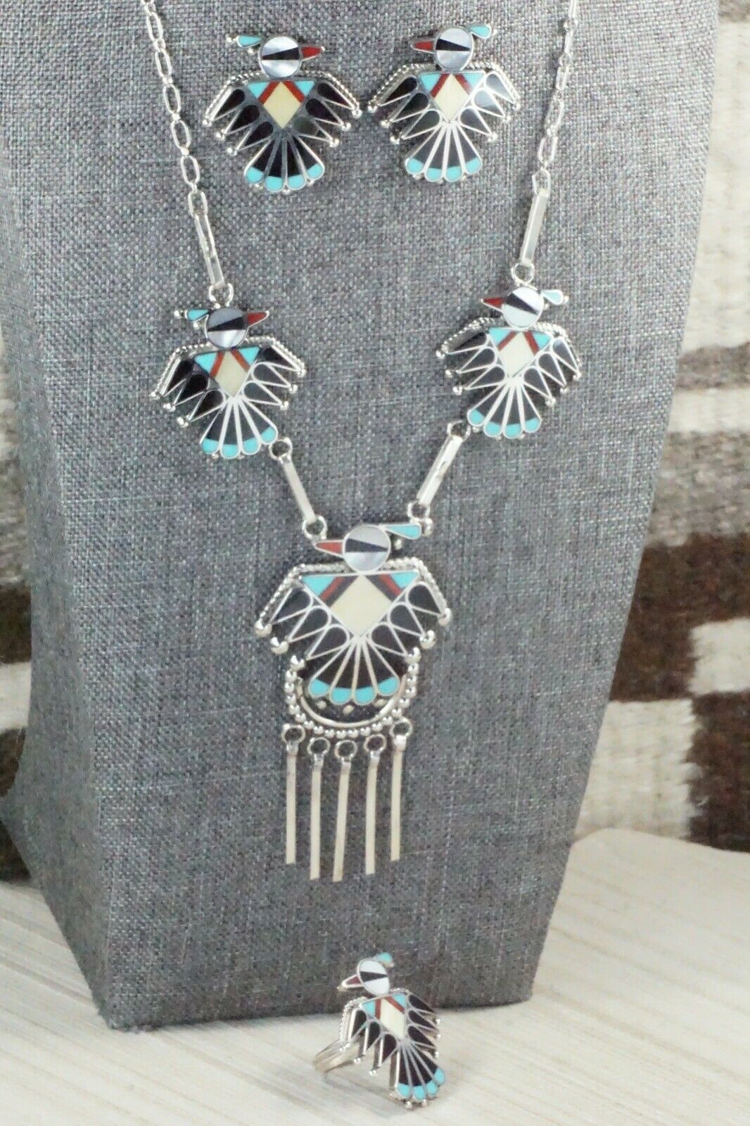 Turquoise, Mother of Pearl & Sterling Silver Inlay Jewelry Set - Adrian Wallace