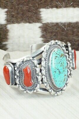 Turquoise, Coral and Sterling Silver Bracelet - Tom Lewis