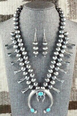 Turquoise & Sterling Silver Squash Blossom and Earrings - Gilbert Martin