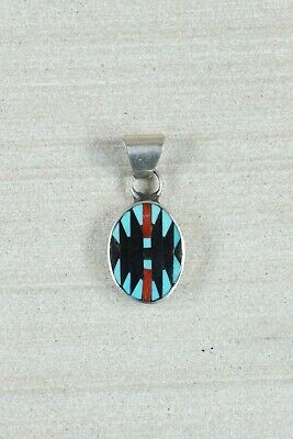 Zuni Inlay Turquoise & Coral Sterling Silver Pendant - Charlotte Dishta - High Lonesome Trading