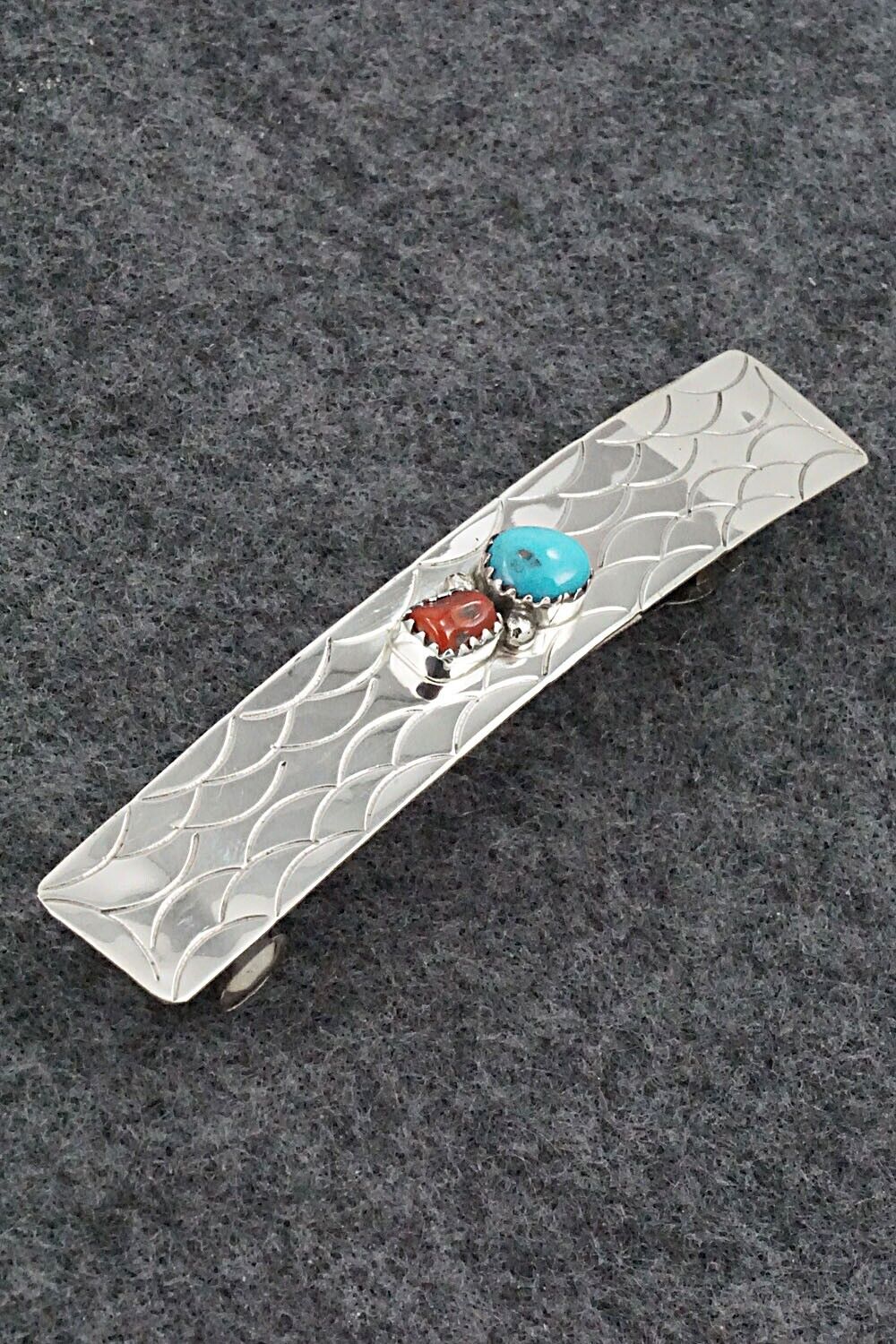 Turquoise, Coral & Sterling Silver Hair Barrette - Sally Arviso