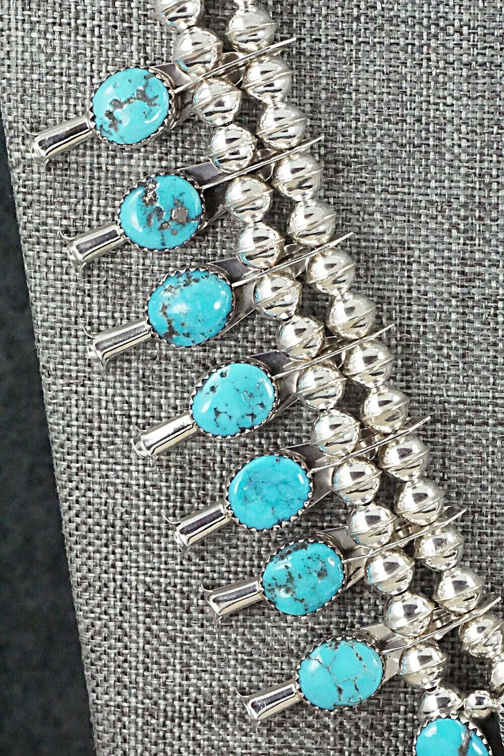 Turquoise & Sterling Silver Squash Blossom and Earrings Set - Calfreda Roanhorse