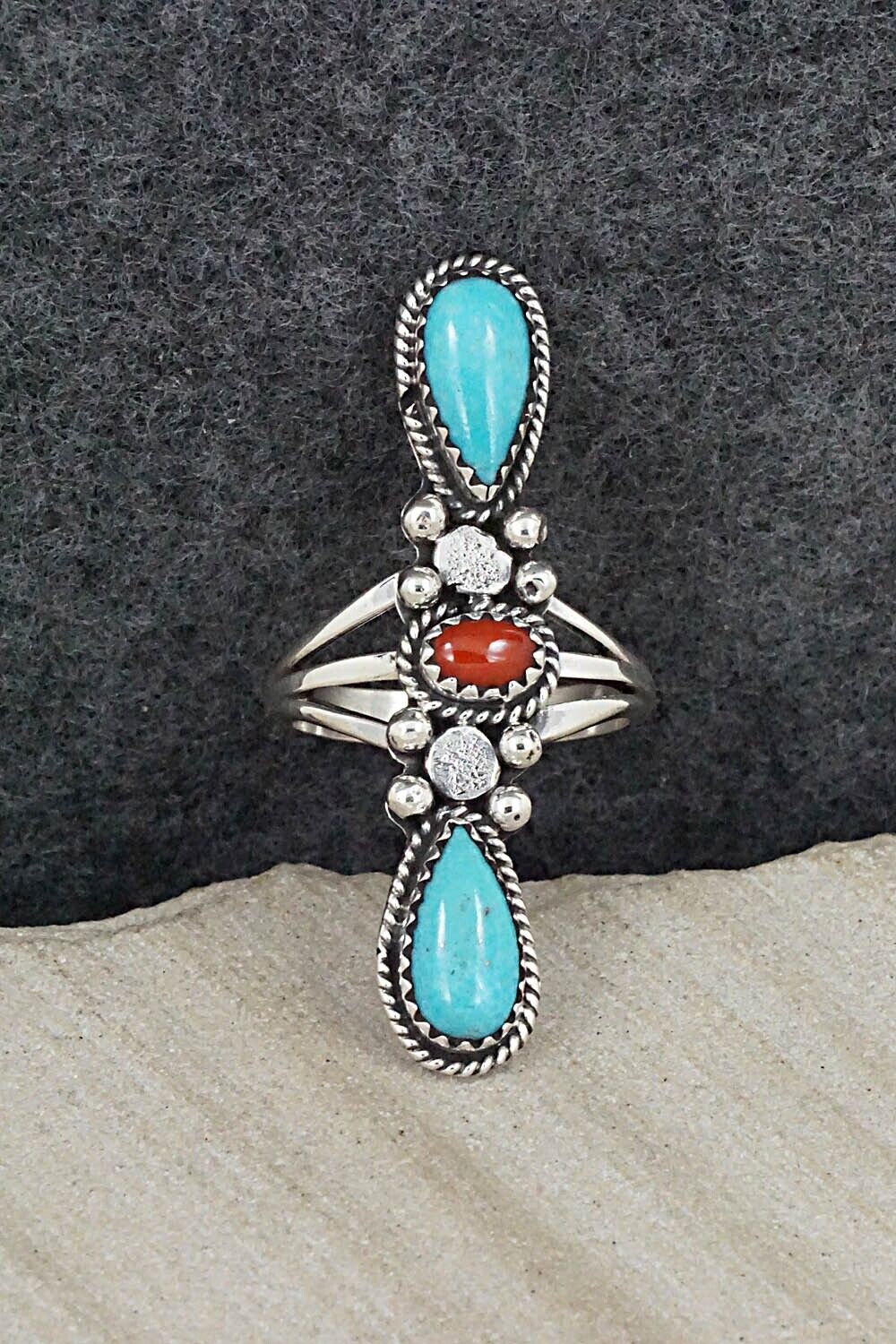 Turquoise, Coral & Sterling Silver Ring - Andrew Vandever - Size 7.75