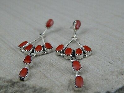 Zuni Coral & Sterling Silver Earrings - Claudine Penketewa - High Lonesome Trading