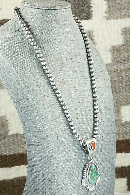 Turquoise, Coral Pendant & Sterling Silver Necklace - Tom Lewis
