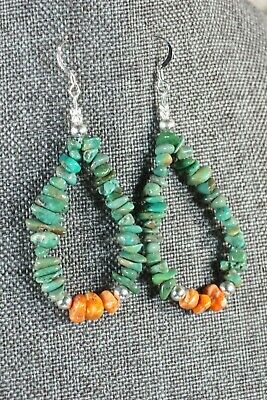 Navajo Turquoise and Spiny Oyster Hoop Earrings - Native American - High Lonesome Trading