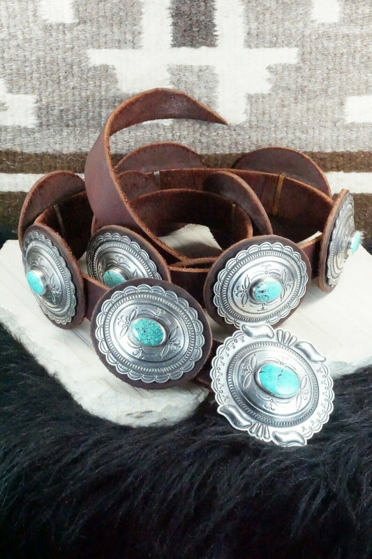 Turquoise & Sterling Silver Concho Belt - Roland Dixson