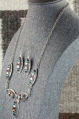 Turquoise, Coral & Sterling Silver Necklace and Earrings Set - Gladys Lamy