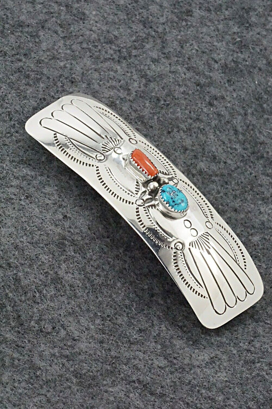 Turquoise, Coral & Sterling Silver Hair Barrette - Joann Silver