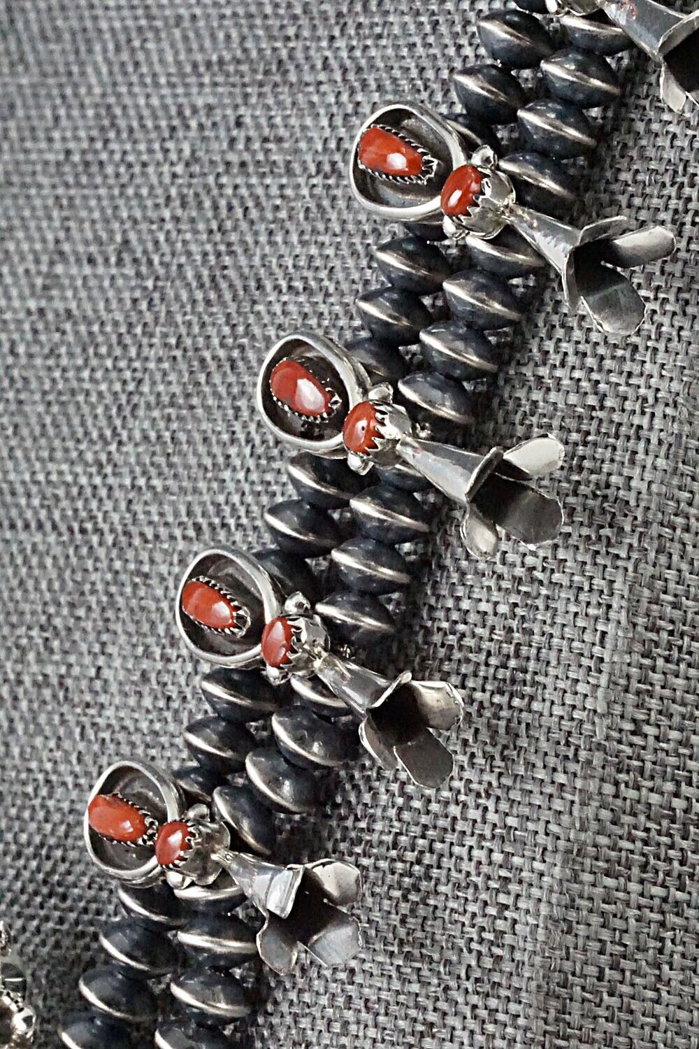 Coral & Sterling Silver Squash Blossom and Earrings - Vie Bobelu
