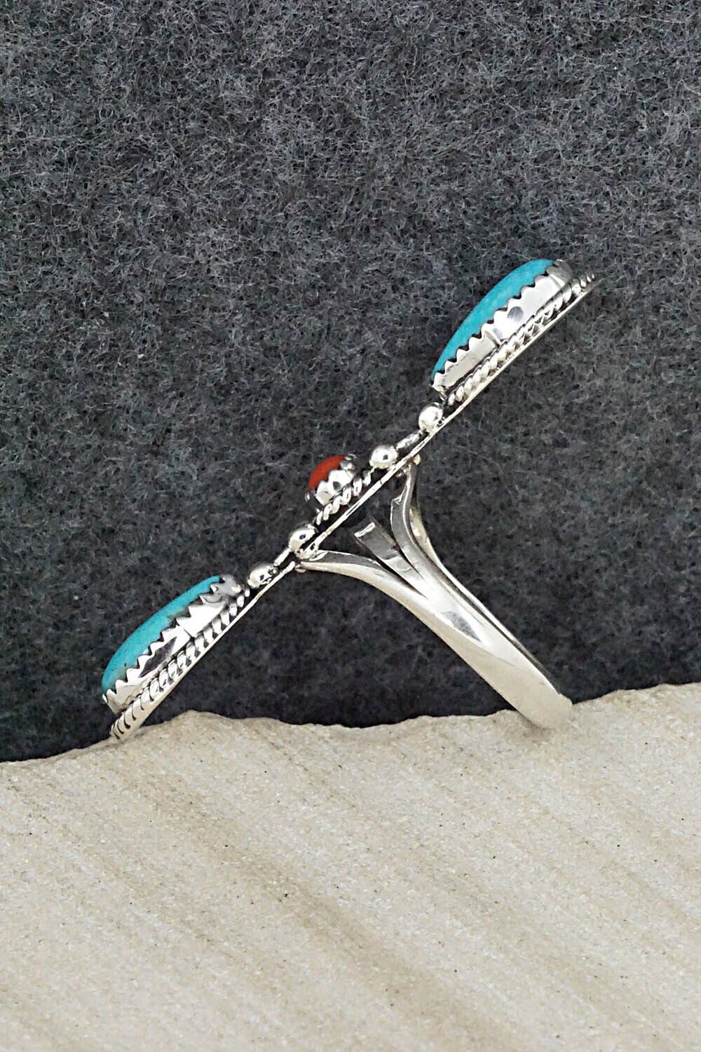 Turquoise, Coral & Sterling Silver Ring - Andrew Vandever - Size 7