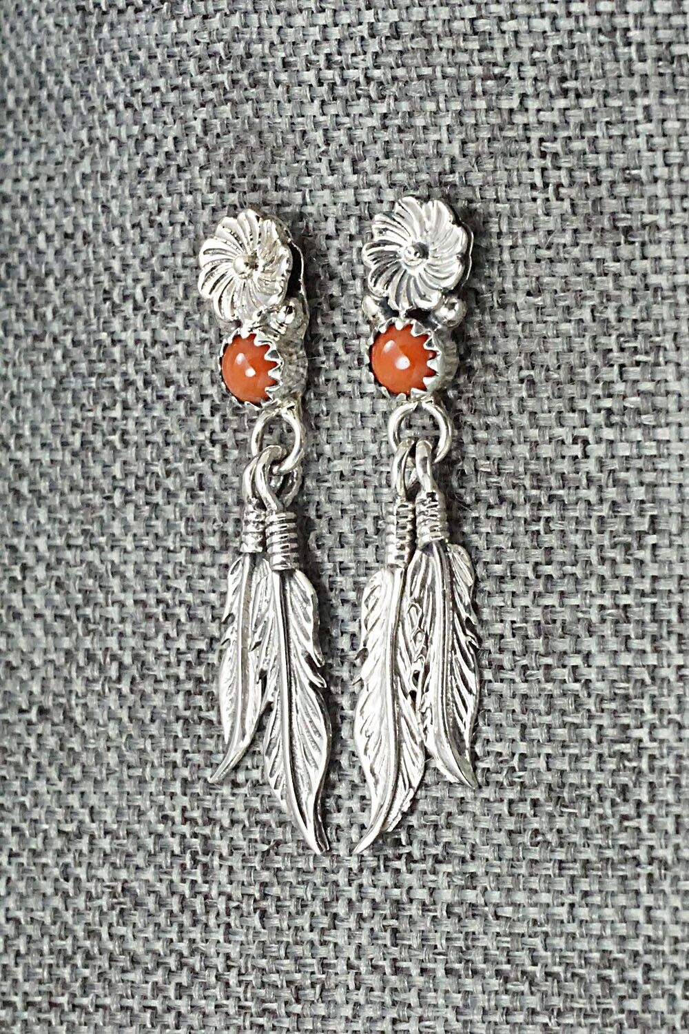 Coral & Sterling Silver Earrings - Adelarae Yazzie