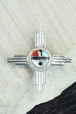 Turquoise, Coral & Sterling Silver Sun Face Pendant/ Pin - Elvira Kiyite