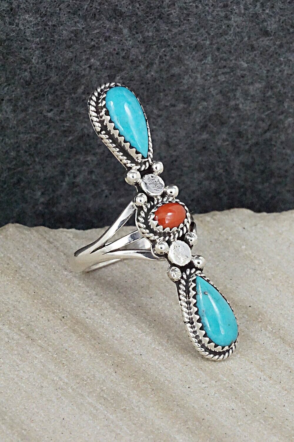 Turquoise, Coral & Sterling Silver Ring - Andrew Vandever - Size 7