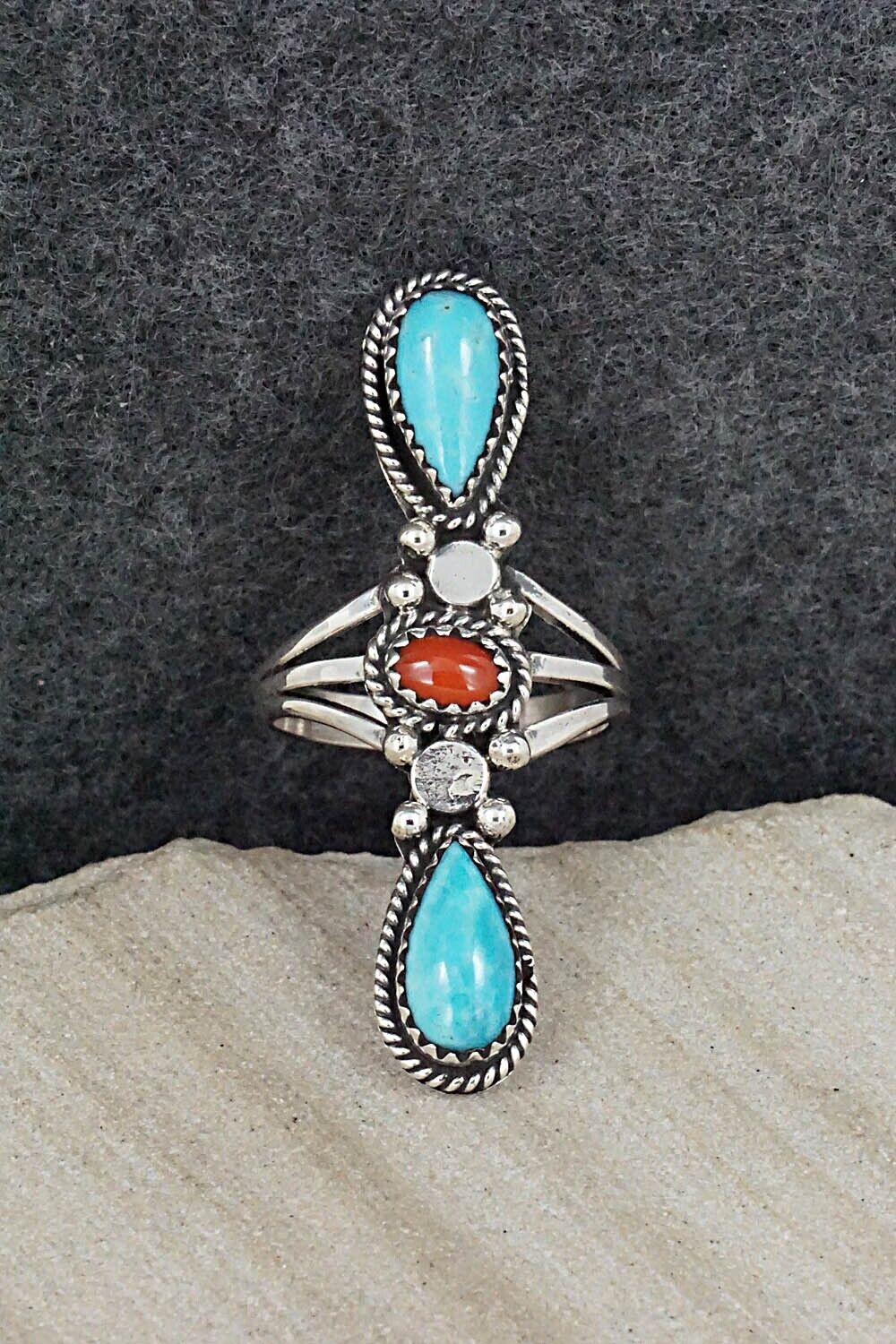 Turquoise, Coral & Sterling Silver Ring - Andrew Vandever - Size 8.5