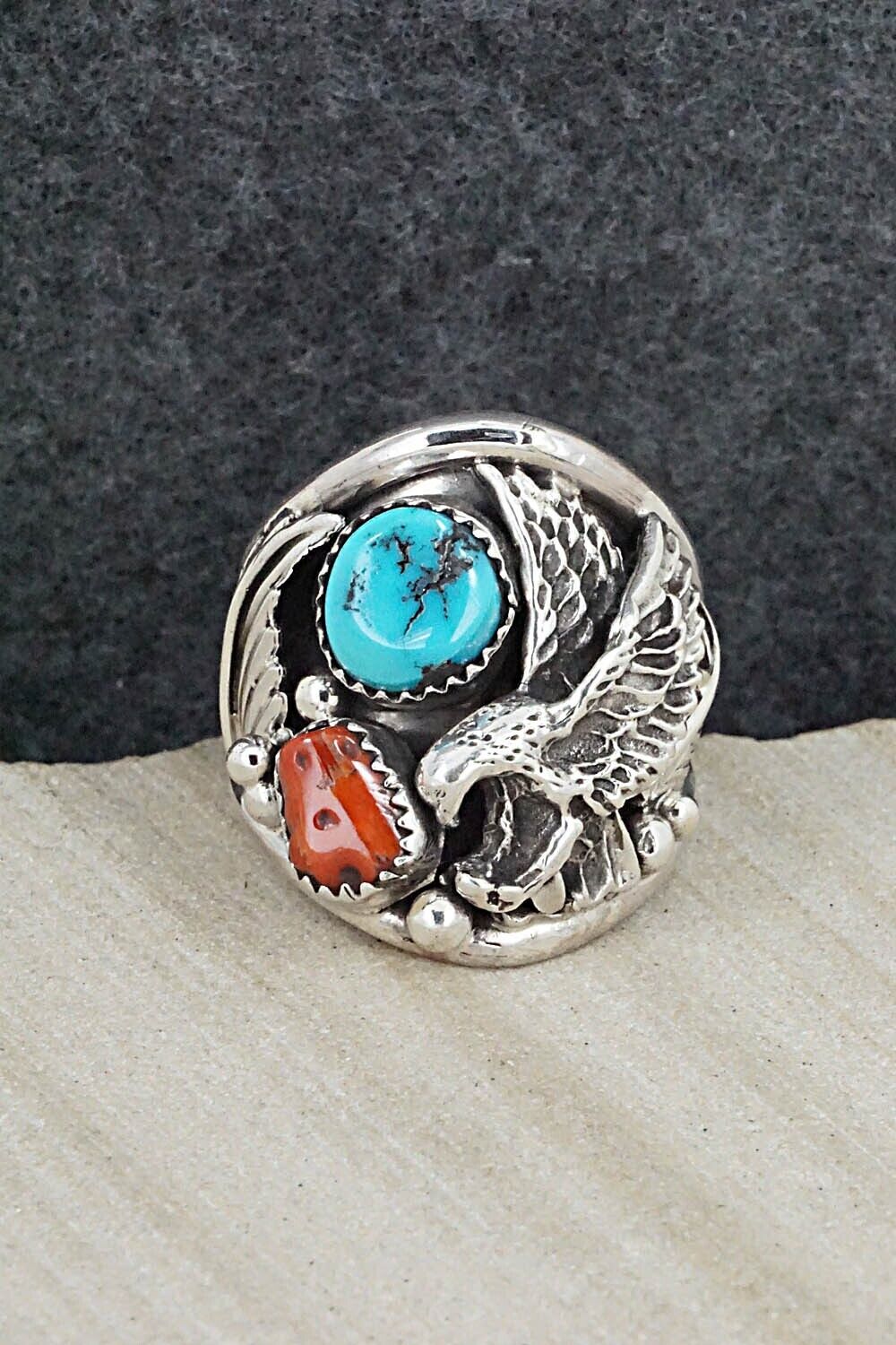 Turquoise, Coral & Sterling Silver Ring - Jeannette Saunders - Size 11