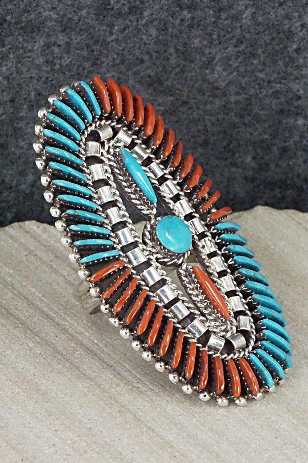 Turquoise, Coral & Sterling Silver Ring - Edmund Cooeyate - Size 7.5