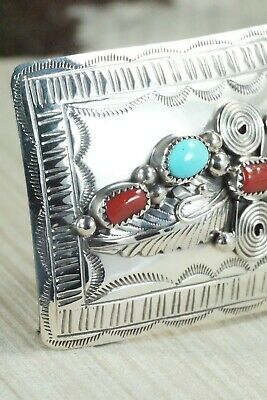 Turquoise, Coral & Sterling Silver Belt Buckle - Wilbur Myers