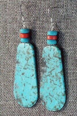 Turquoise, Coral & Sterling Silver Earrings - Lupe Lovato