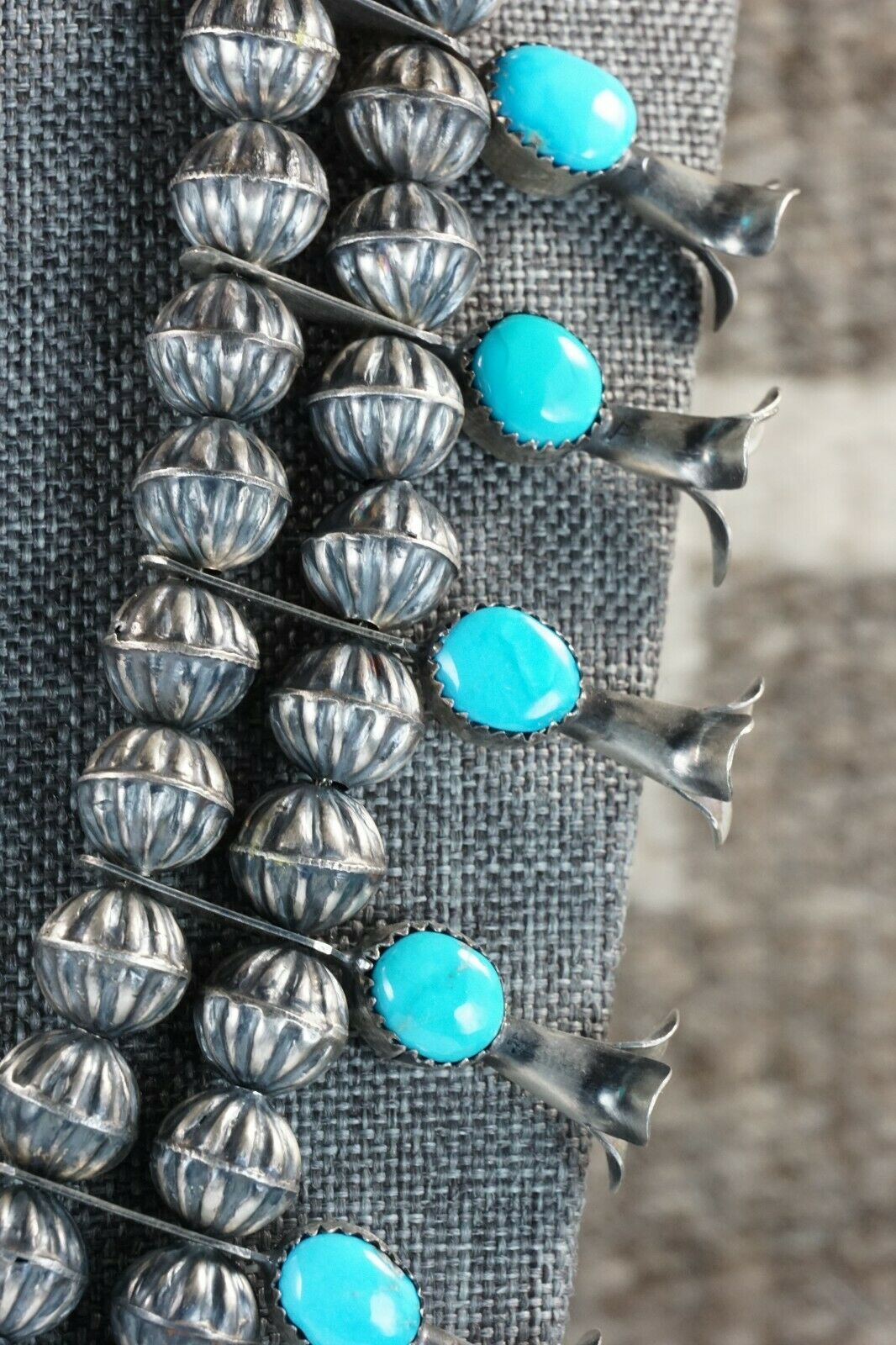 Turquoise & Sterling Silver Squash Blossom & Earrings - Leon Kirlie