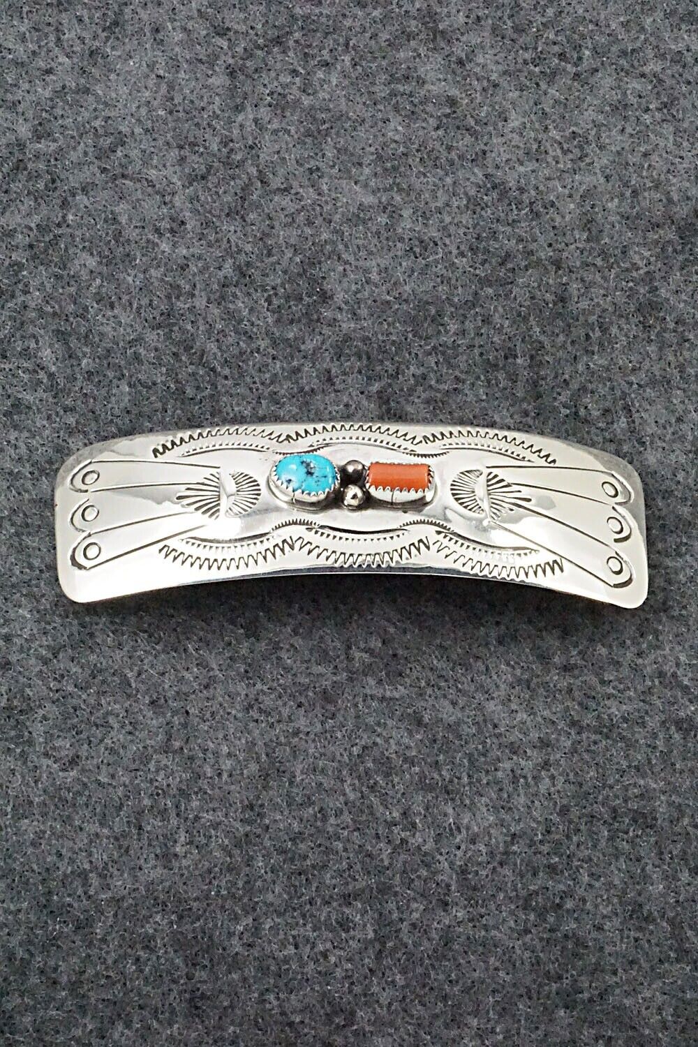 Turquoise, Coral & Sterling Silver Hair Barrette - Joann Silver